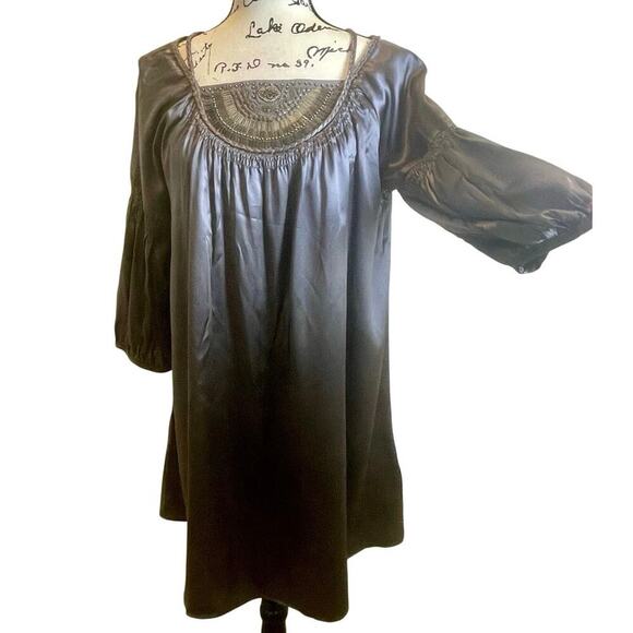 TRULY BY PART TWO TUNIC DRESS SILK GRAY SHINY SZ 6 EMBELLISHED CHIC WHIMSICAL - Picture 3 of 16